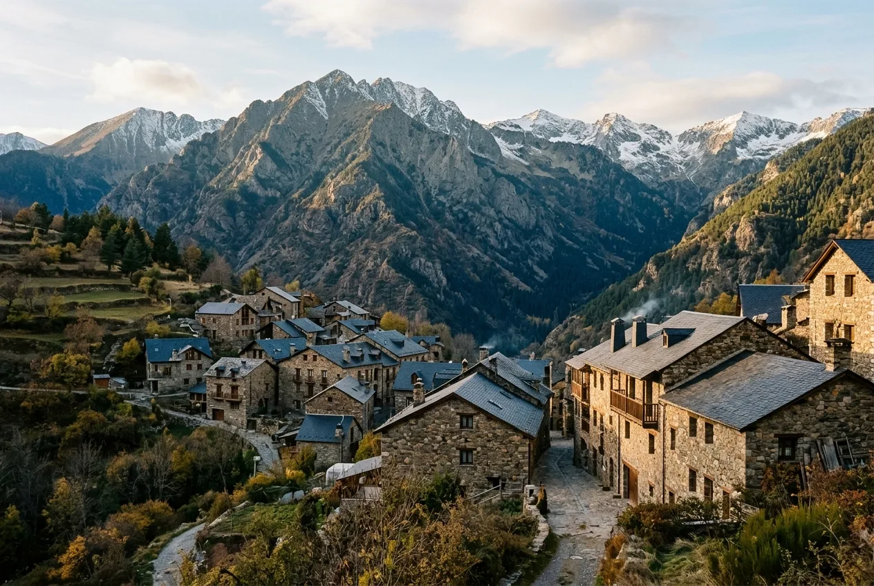 Village andorran de pierre et d'ardoise adossé aux Pyrénées, fin d'après-midi