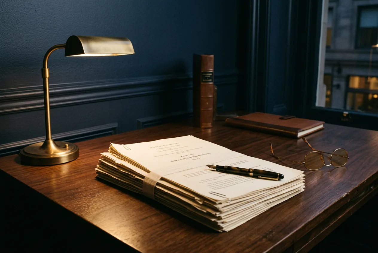 Dossiers et lampe de laiton sur un bureau de noyer, le soir