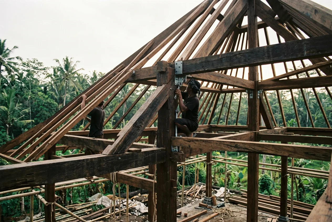 Charpente de bois tropicale en cours d'assemblage, végétation en fond