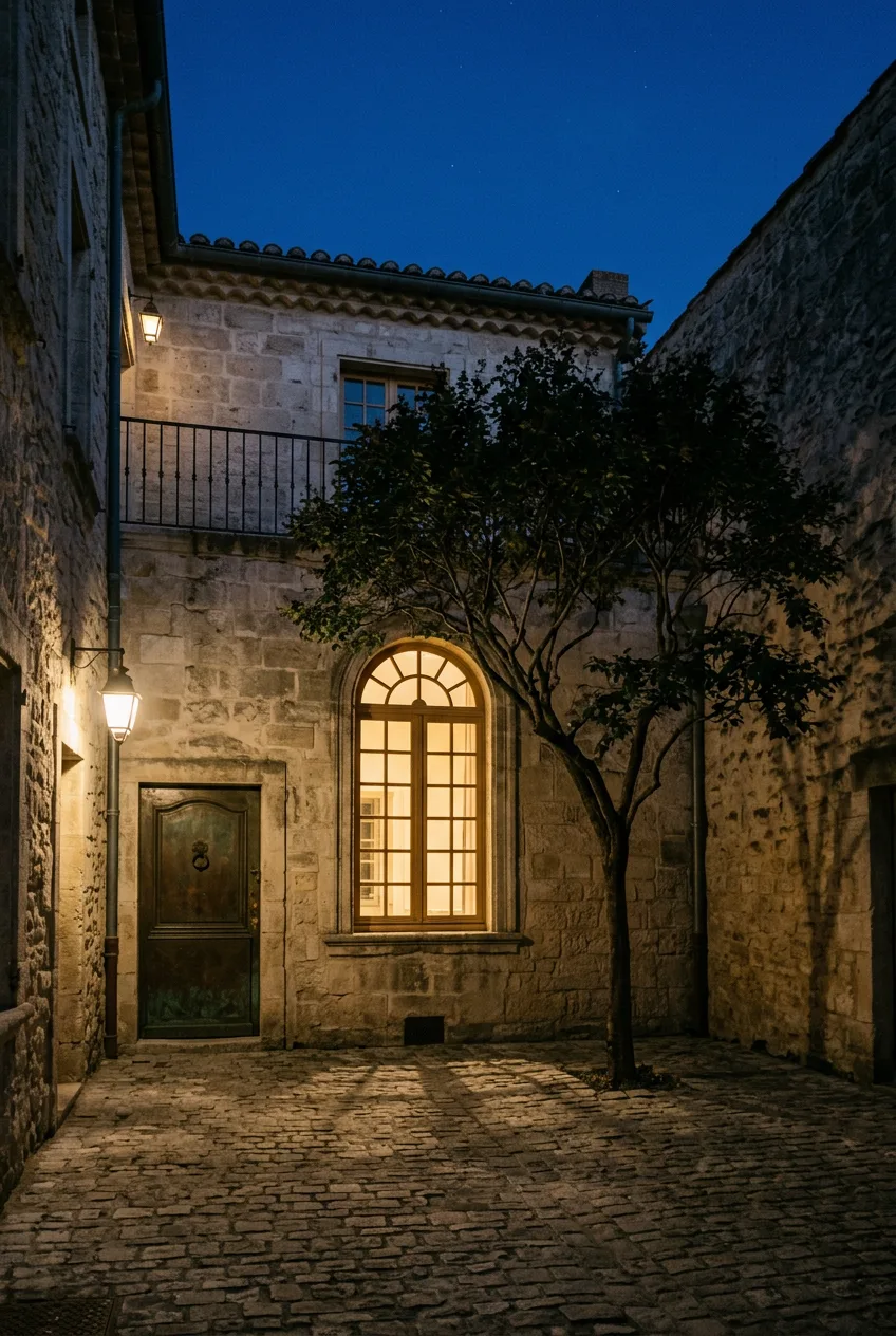 Cour intérieure de pierre au crépuscule, lumière chaude à la fenêtre