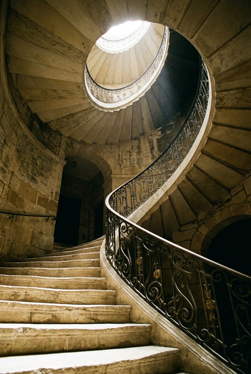 Escalier de pierre patrimonial sous une lumière zénithale