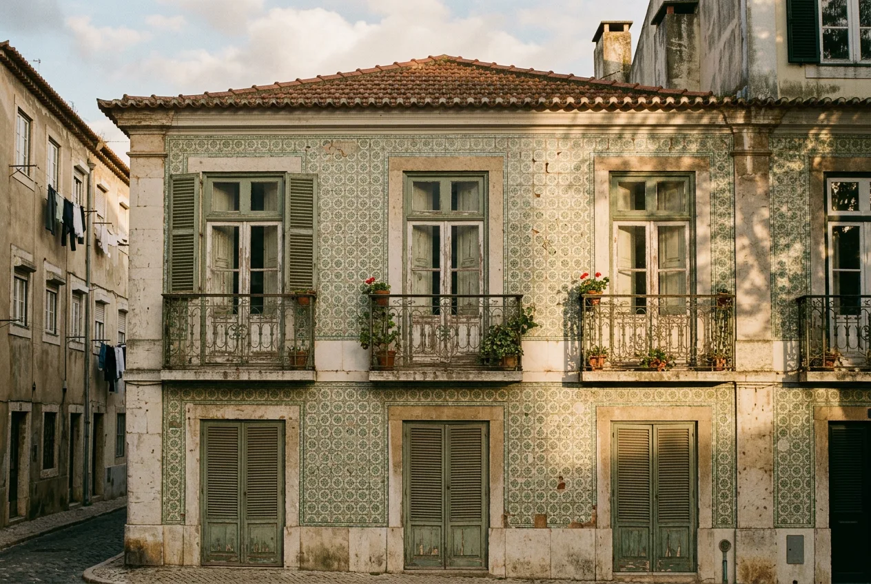Façade lisboète aux azulejos verts, lumière du soir
