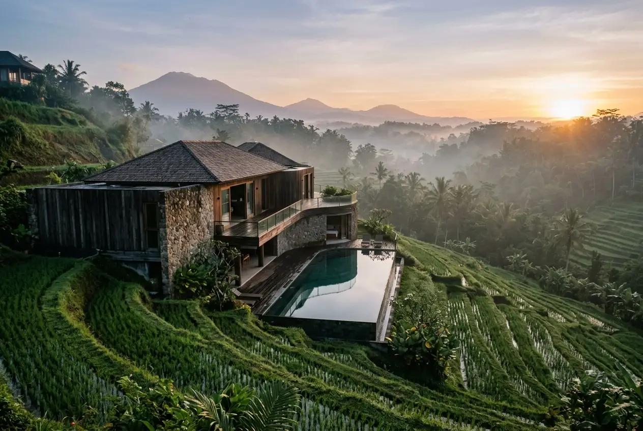 Villa dans les rizières balinaises sous la lumière humide du matin