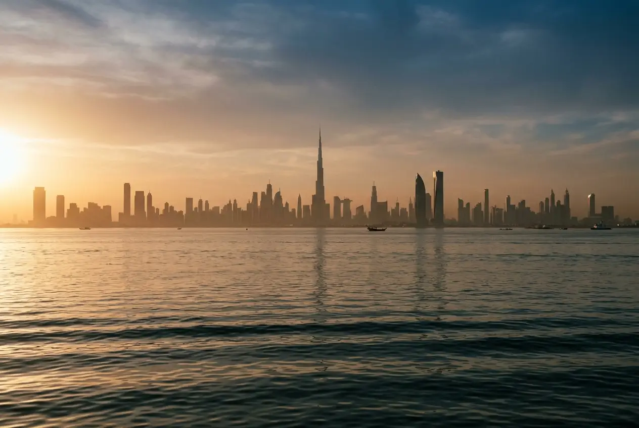Tours de Dubaï vues depuis la mer, lumière du matin