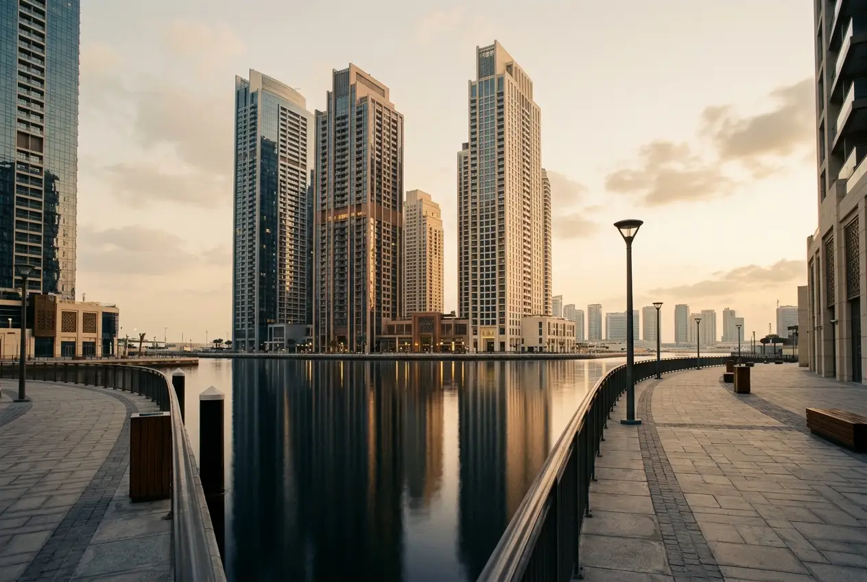 Architecture verticale contemporaine en bord d'eau à Dubaï, lumière dorée du matin