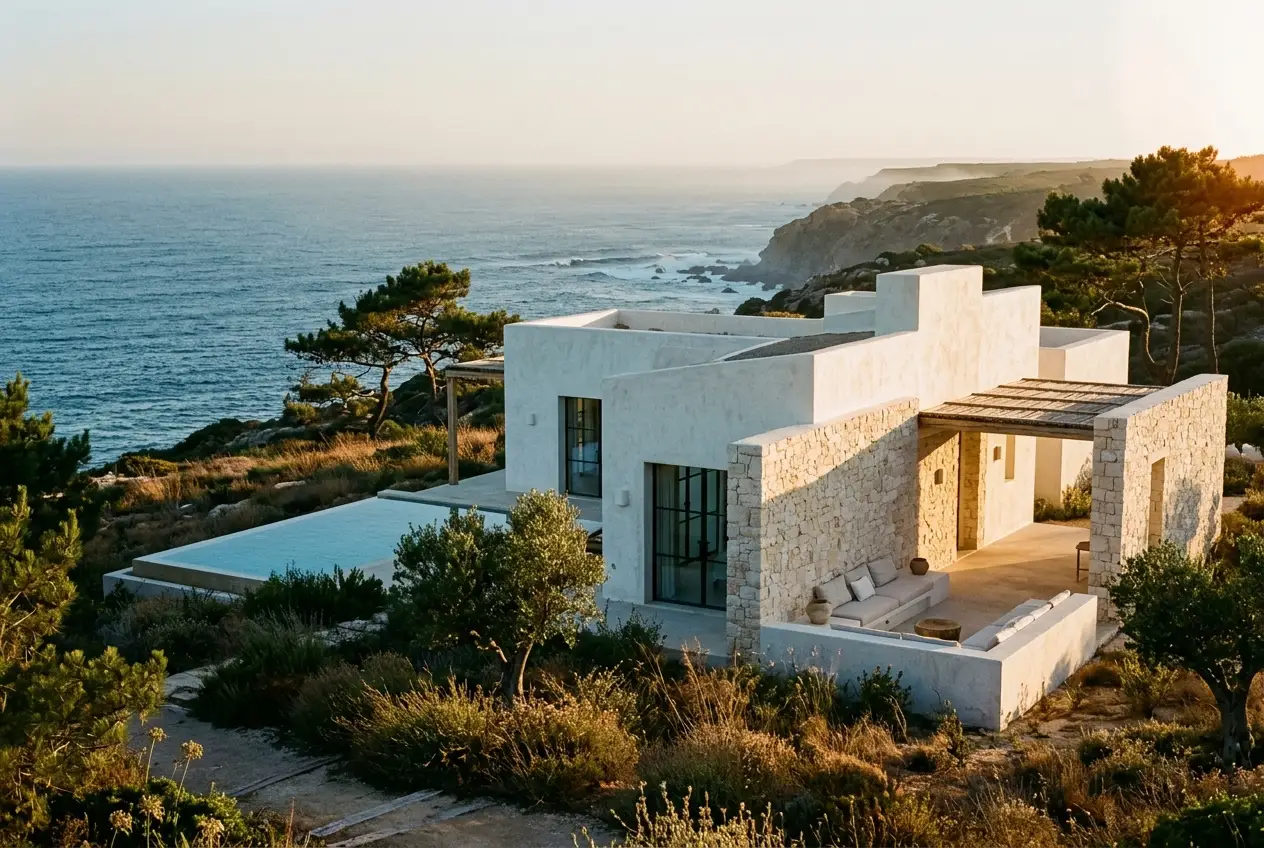 Villa méditerranéenne contemporaine à la chaux blanche sur la côte atlantique portugaise