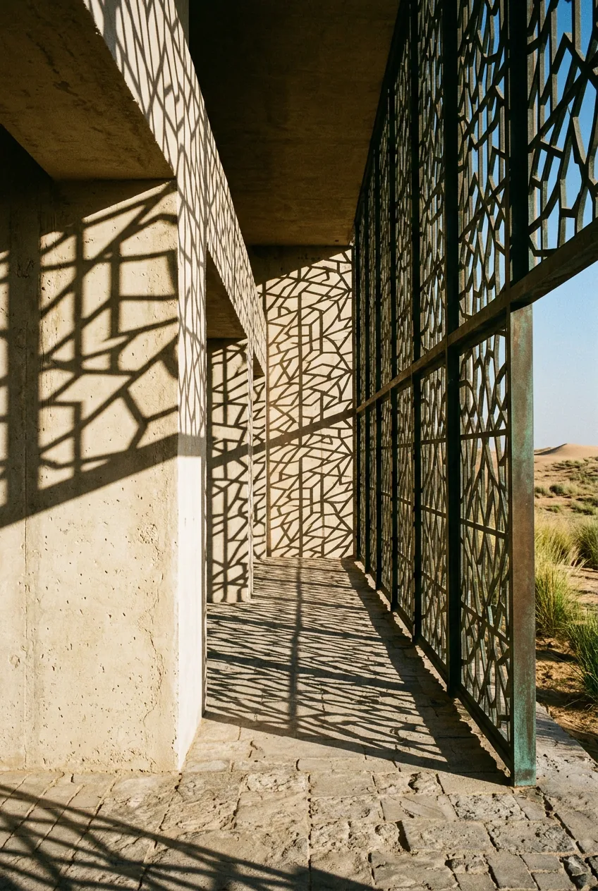 Moucharabieh contemporain projetant ses ombres géométriques, Golfe