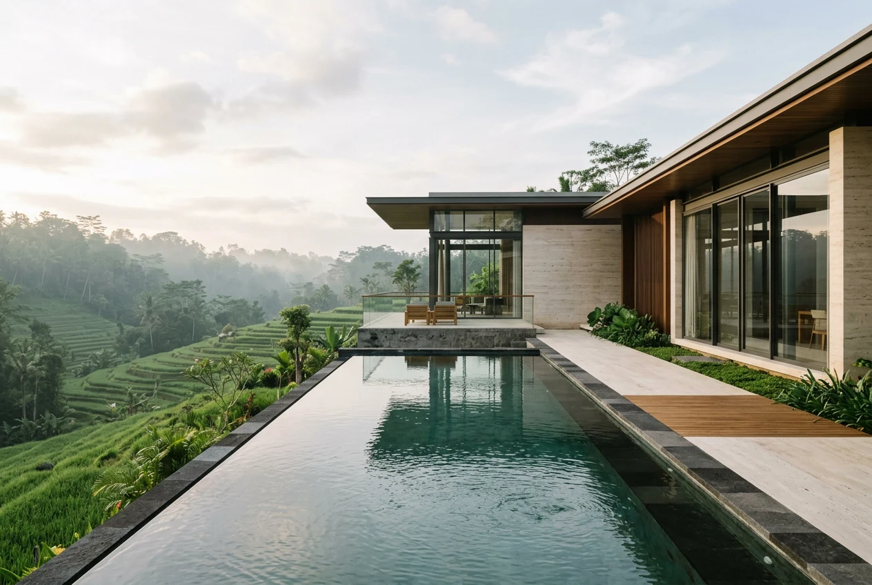 Villa de bois et de pierre face à l'océan Indien, lumière de fin de journée