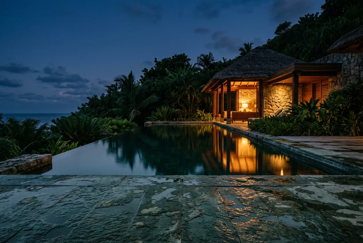 Piscine minérale d'une villa de bien-être sous les frangipaniers