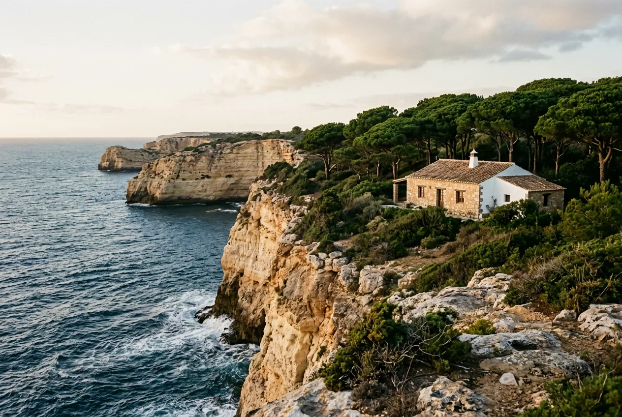 Littoral atlantique portugais : villa de pierre discrète au-dessus de la crique, fin de journée