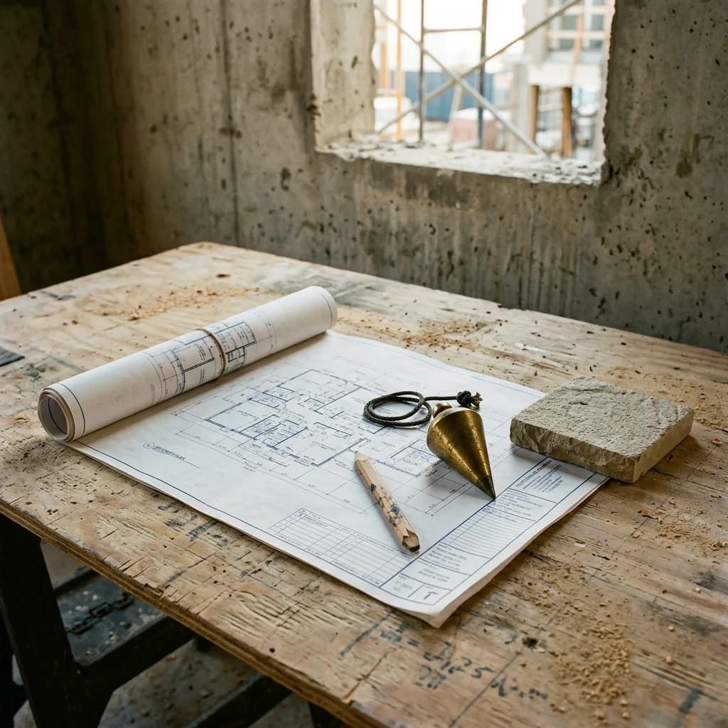 Plans d'architecte, fil à plomb en laiton et échantillon de pierre sur une table de chantier