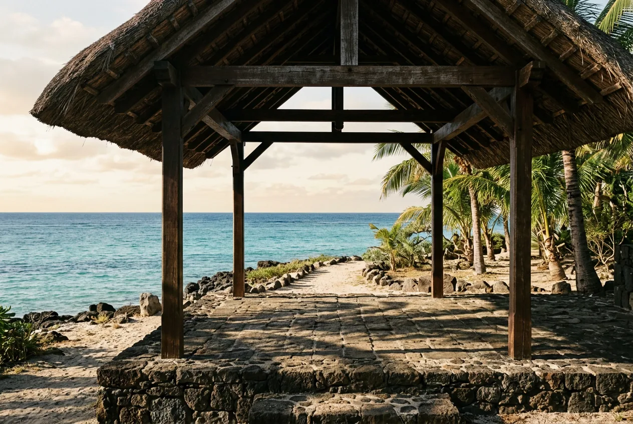 Pavillon de bois et de pierre ouvert sur l'océan Indien