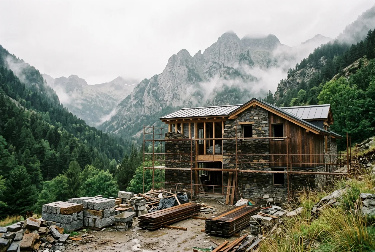 Résidence de pierre et de bois en construction dans une vallée des Pyrénées